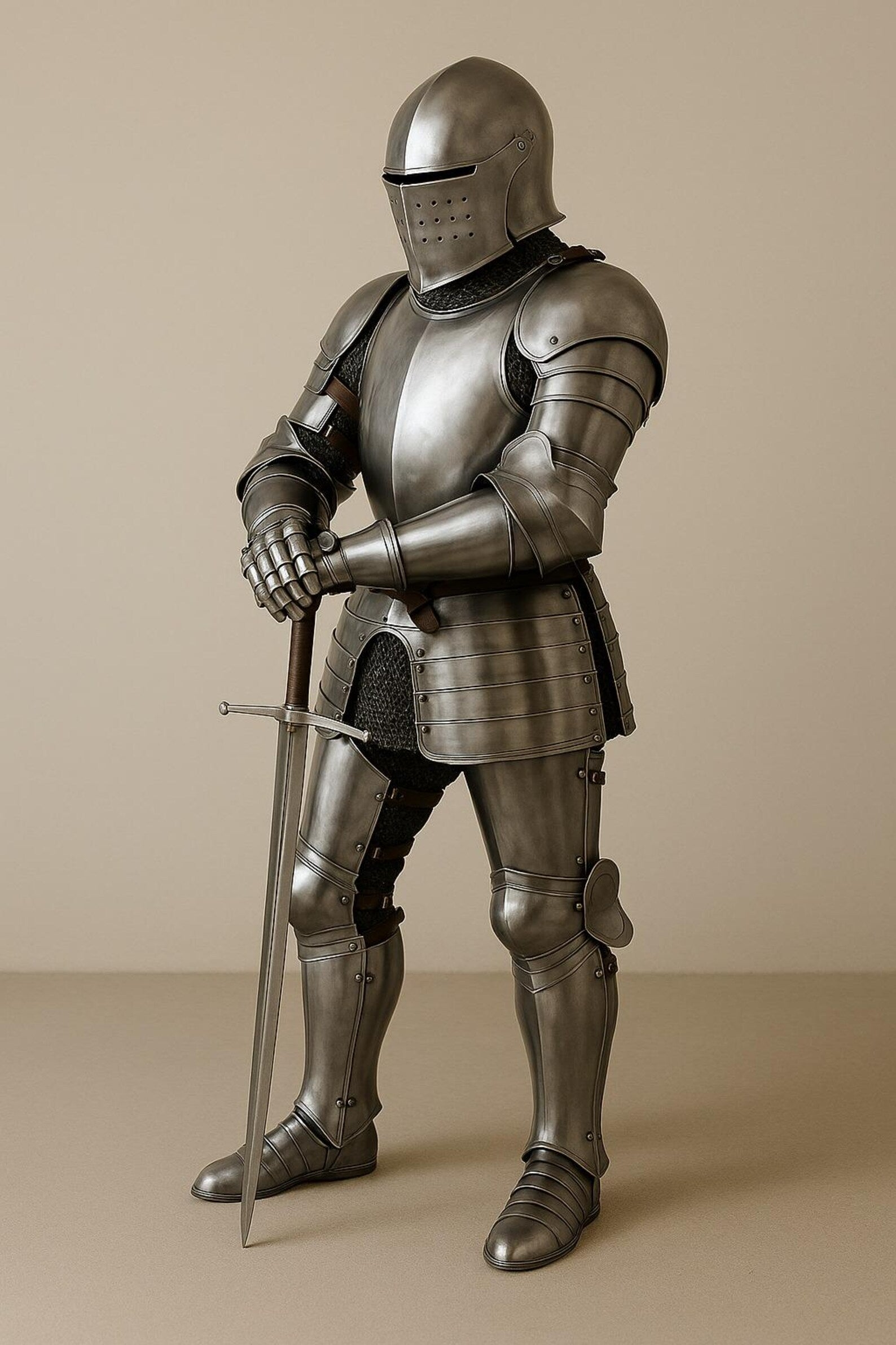 Person wearing full medieval armor holding a sword on a beige background
