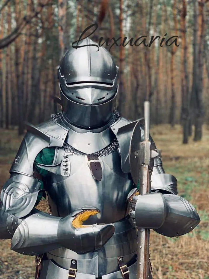 Medieval Knight Armor Templar Red Cross Costume Replica Chainmail Dress & Helmet Historical Battle Gear With Armor Cape | Wooden Shield