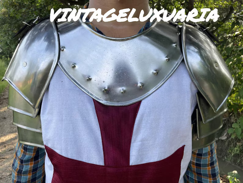 Medieval Knight Armor Templar Red Cross Costume Replica Chainmail Dress & Helmet Historical Battle Gear With Armor Cape | Wooden Shield