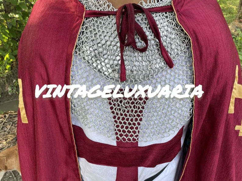 Medieval Knight Armor Templar Red Cross Costume Replica Chainmail Dress & Helmet Historical Battle Gear With Armor Cape | Wooden Shield