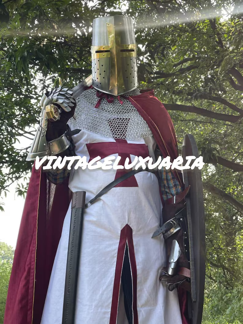 Medieval Knight Armor Templar Red Cross Costume Replica Chainmail Dress & Helmet Historical Battle Gear With Armor Cape | Wooden Shield