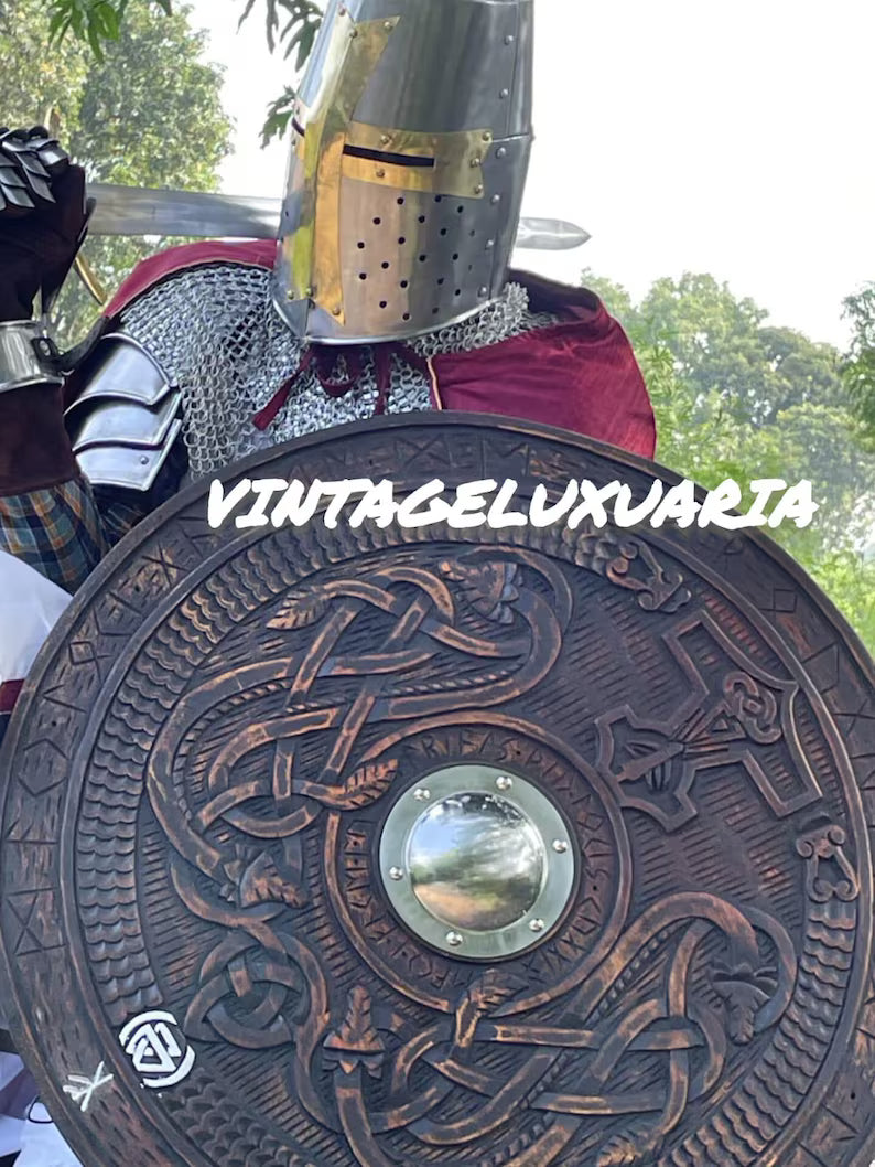 Medieval Knight Armor Templar Red Cross Costume Replica Chainmail Dress & Helmet Historical Battle Gear With Armor Cape | Wooden Shield