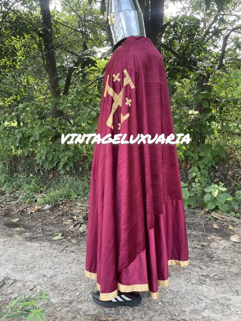 Medieval Knight Armor Templar Red Cross Costume Replica Chainmail Dress & Helmet Historical Battle Gear With Armor Cape | Wooden Shield