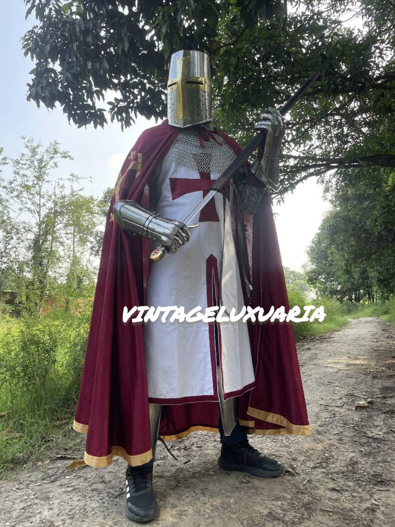 Medieval Knight Armor Templar Red Cross Costume Replica Chainmail Dress & Helmet Historical Battle Gear With Armor Cape | Wooden Shield