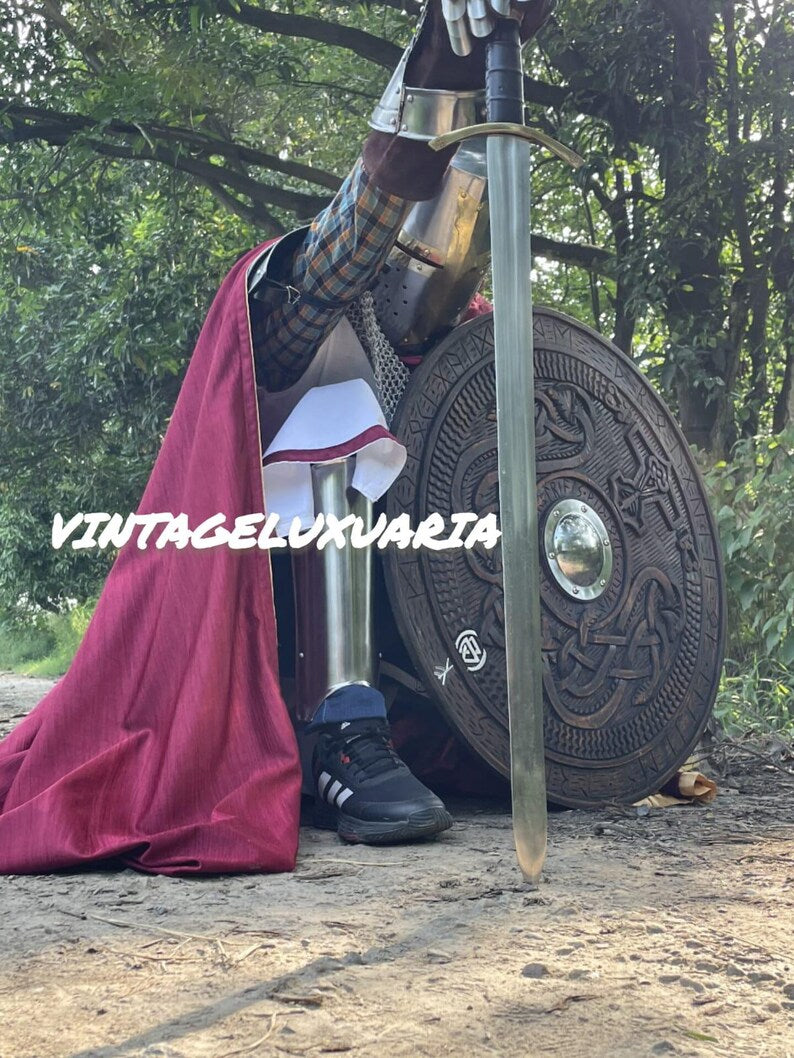 Medieval Knight Armor Templar Red Cross Costume Replica Chainmail Dress & Helmet Historical Battle Gear With Armor Cape | Wooden Shield