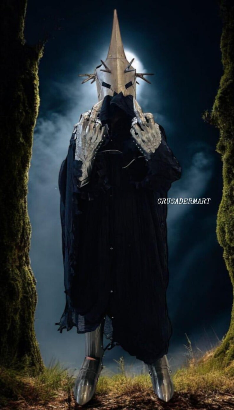 Nazgul Ringwraith Witch-King Cosplay Armor Costume Set – Medieval Dark Lord Halloween Costume with Black Cloak & Spiked Helmet