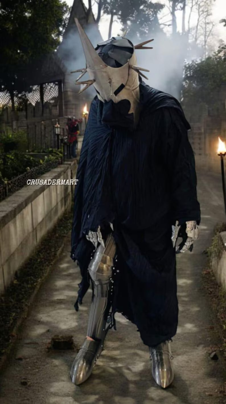 Nazgul Ringwraith Witch-King Cosplay Armor Costume Set – Medieval Dark Lord Halloween Costume with Black Cloak & Spiked Helmet