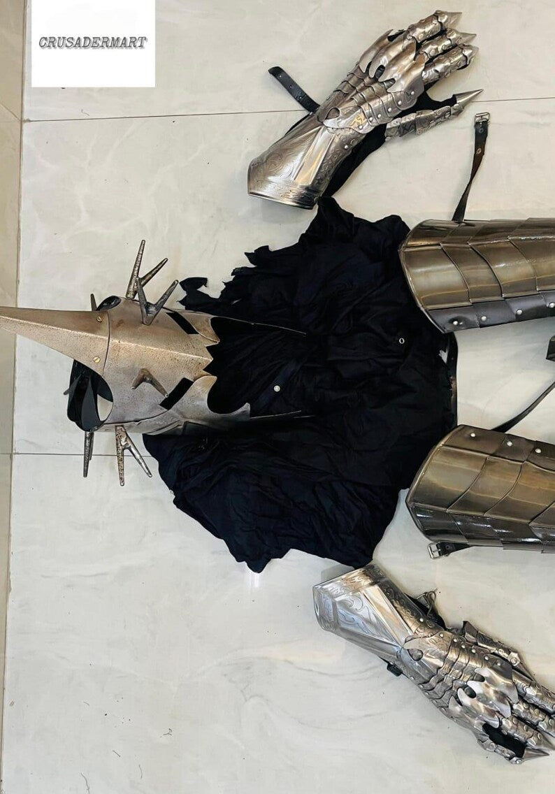 Nazgul Ringwraith Witch-King Cosplay Armor Costume Set – Medieval Dark Lord Halloween Costume with Black Cloak & Spiked Helmet