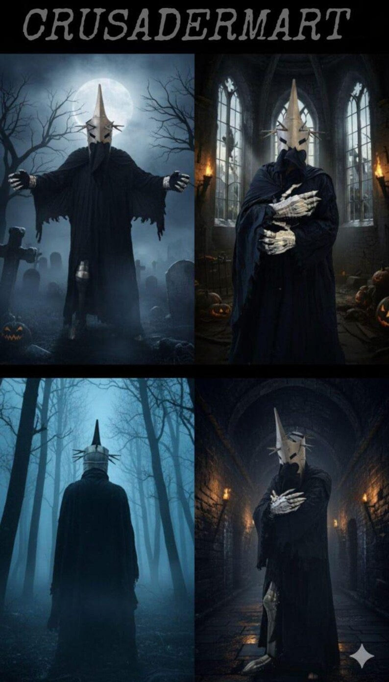 Nazgul Ringwraith Witch-King Cosplay Armor Costume Set – Medieval Dark Lord Halloween Costume with Black Cloak & Spiked Helmet