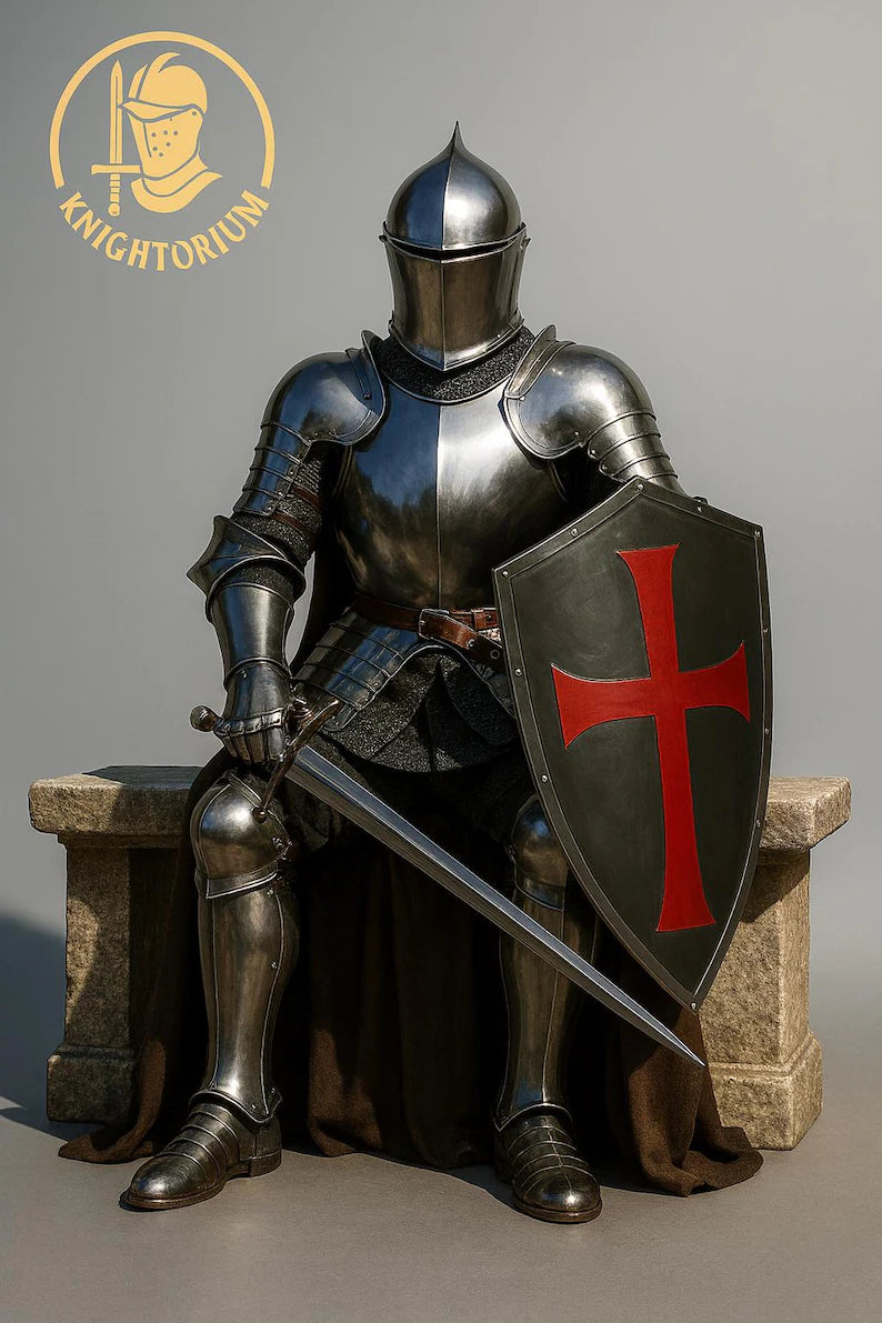 Handmade Medieval Knight Armor Set – Full Steel, Templar Shield, LARP Cosplay