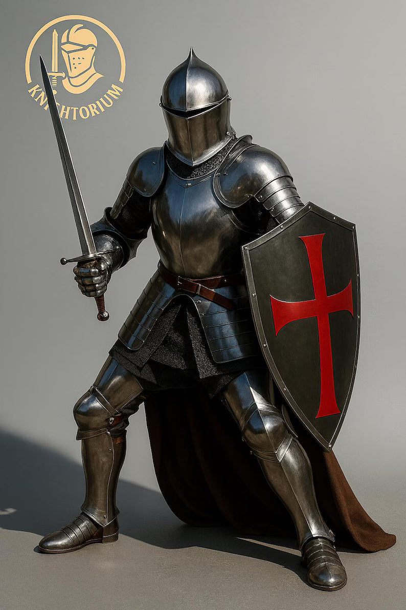 Handmade Medieval Knight Armor Set – Full Steel, Templar Shield, LARP Cosplay
