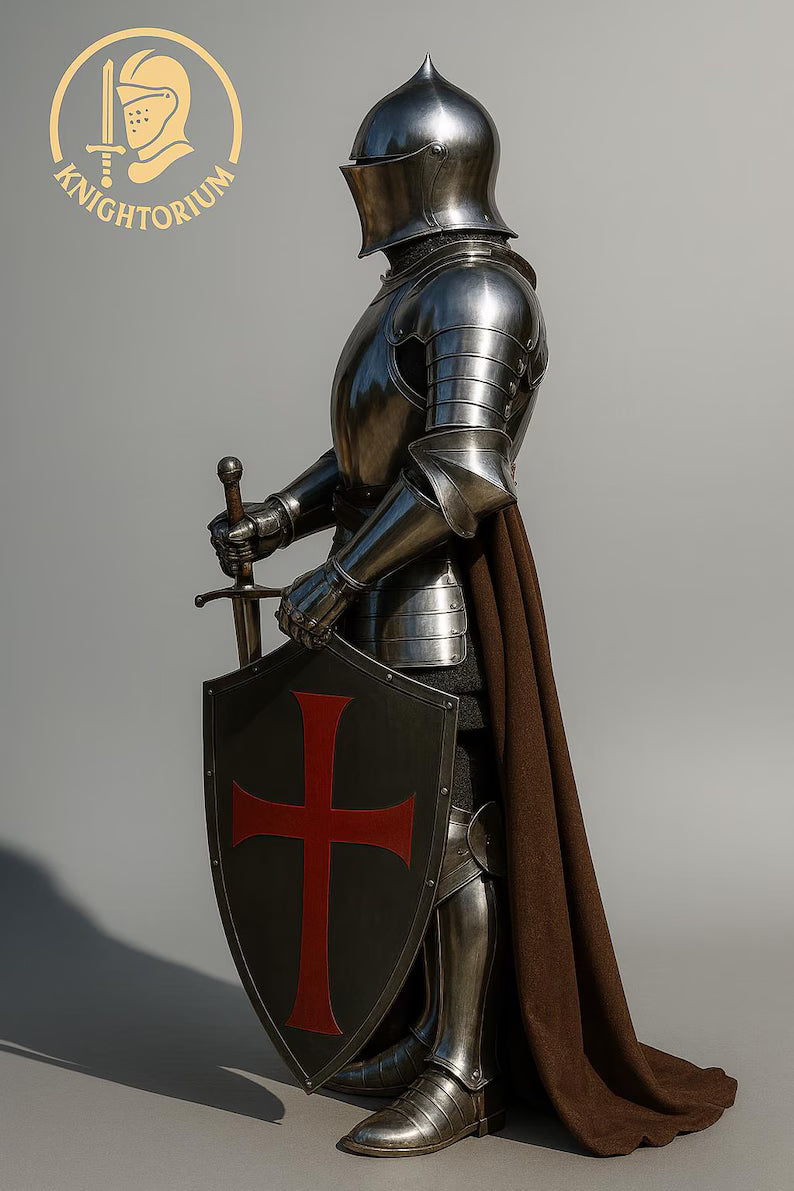 Handmade Medieval Knight Armor Set – Full Steel, Templar Shield, LARP Cosplay