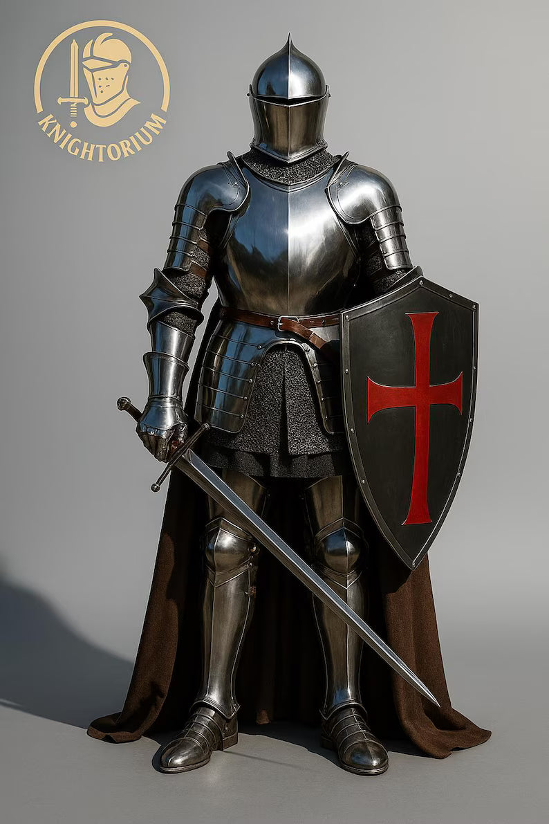 Handmade Medieval Knight Armor Set – Full Steel, Templar Shield, LARP Cosplay
