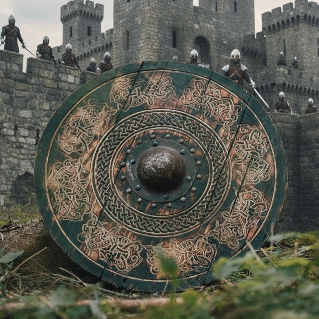 Handcrafted 24-inch Viking shield with carved Norse drake artwork