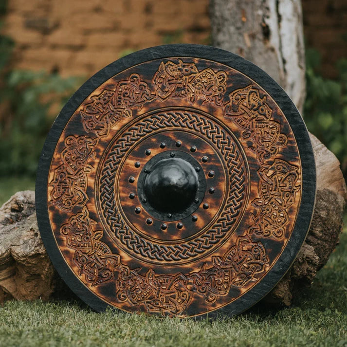 Handcarved 24" Viking Shield with Drake Knotwork Design