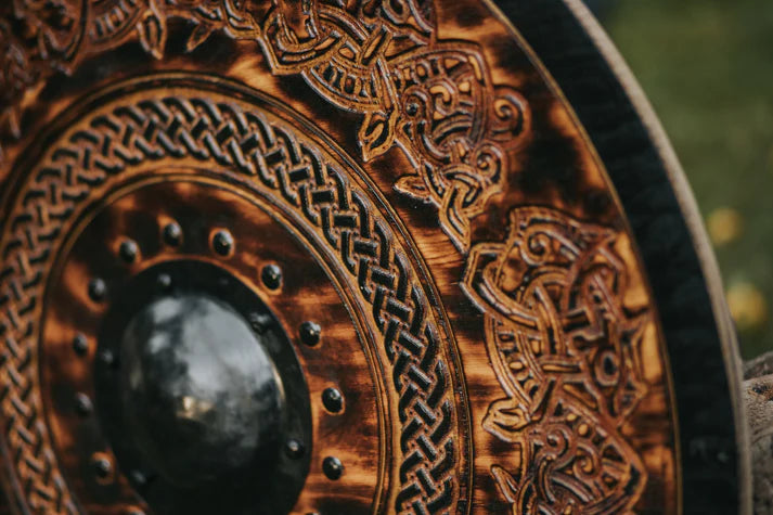 Handcarved 24" Viking Shield with Drake Knotwork Design