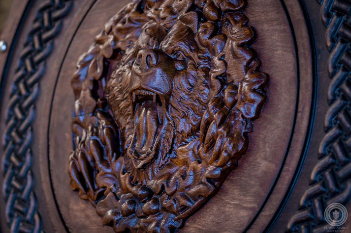 Berserker Bear Totem Oaken Carved Viking Shield, 24"