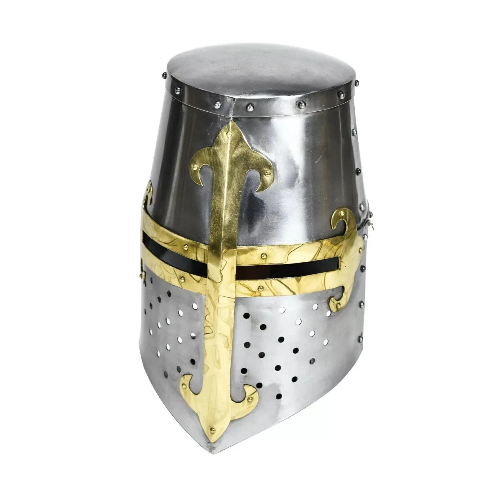 Medieval Crusader Great Helm with Brass Cross Design – Handmade Steel Knight Helmet for LARP, Cosplay, and Display