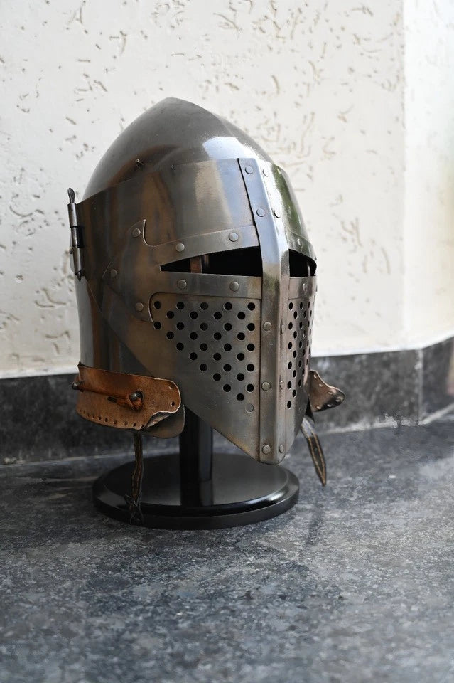 Medieval Bascinet Knight Helmet made of 18GA steel with leather strap – Battle Ready Armour for LARP, Cosplay, and Reenactments