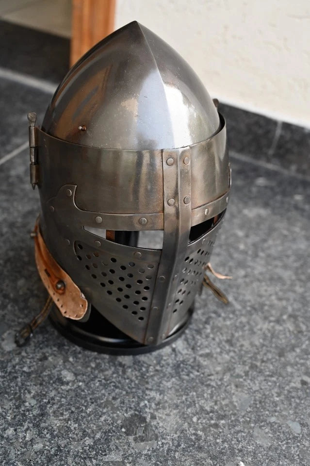 Medieval Bascinet Knight Helmet made of 18GA steel with leather strap – Battle Ready Armour for LARP, Cosplay, and Reenactments