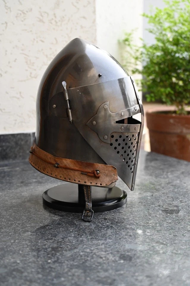 Medieval Bascinet Knight Helmet made of 18GA steel with leather strap – Battle Ready Armour for LARP, Cosplay, and Reenactments