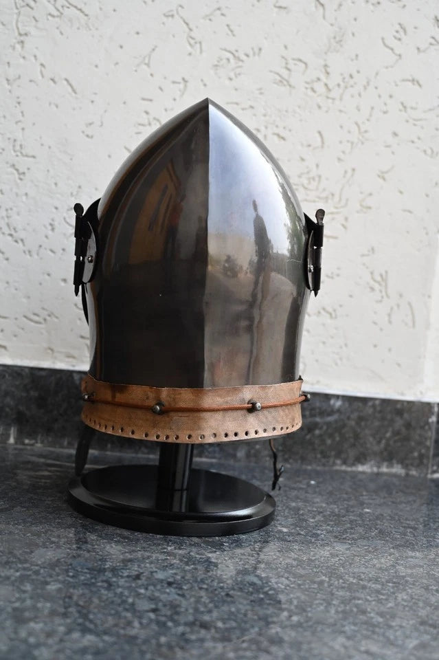 Medieval Bascinet Knight Helmet made of 18GA steel with leather strap – Battle Ready Armour for LARP, Cosplay, and Reenactments

