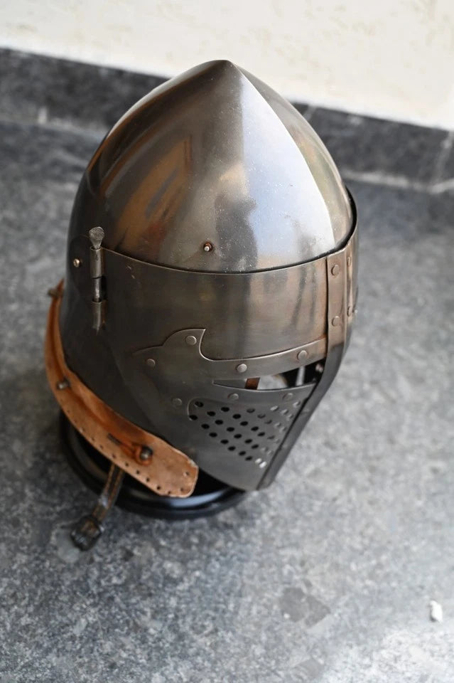 Medieval Bascinet Knight Helmet made of 18GA steel with leather strap – Battle Ready Armour for LARP, Cosplay, and Reenactments
