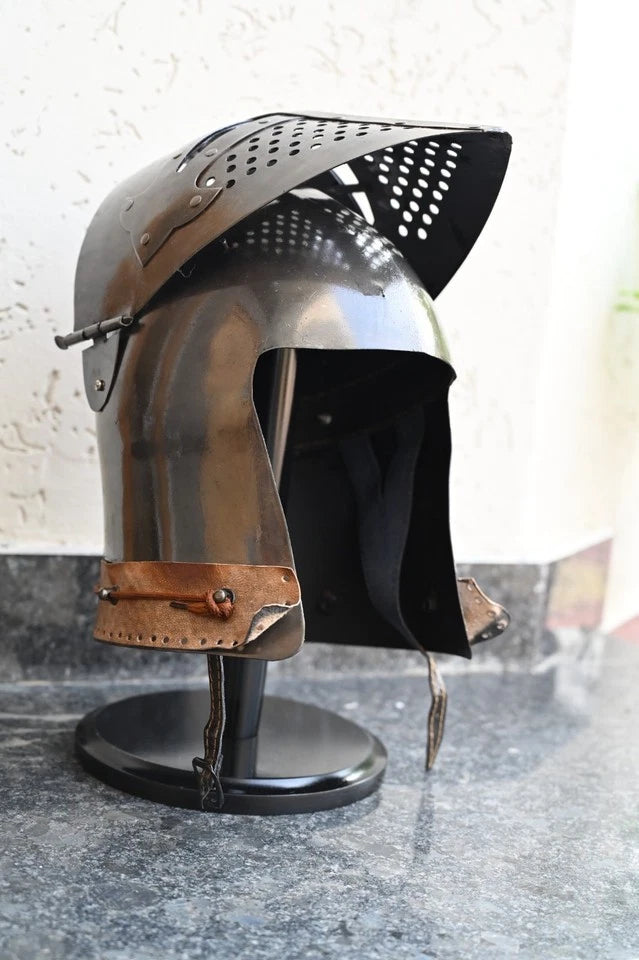 Medieval Bascinet Knight Helmet made of 18GA steel with leather strap – Battle Ready Armour for LARP, Cosplay, and Reenactments