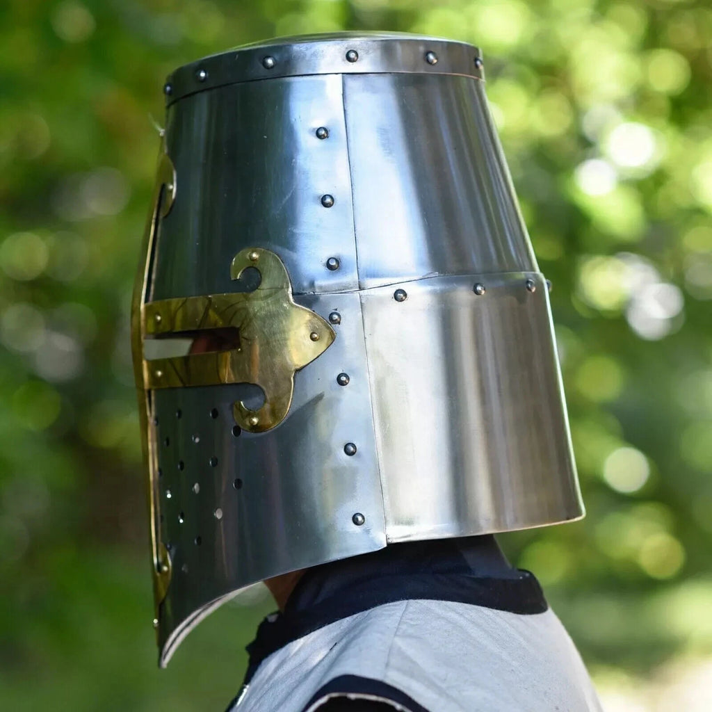 Medieval Crusader Great Helm with Brass Cross Design – Handmade Steel Knight Helmet for LARP, Cosplay, and Display