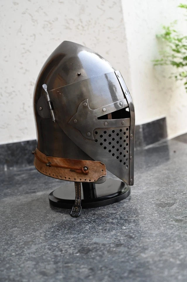 Medieval Bascinet Knight Helmet made of 18GA steel with leather strap – Battle Ready Armour for LARP, Cosplay, and Reenactments