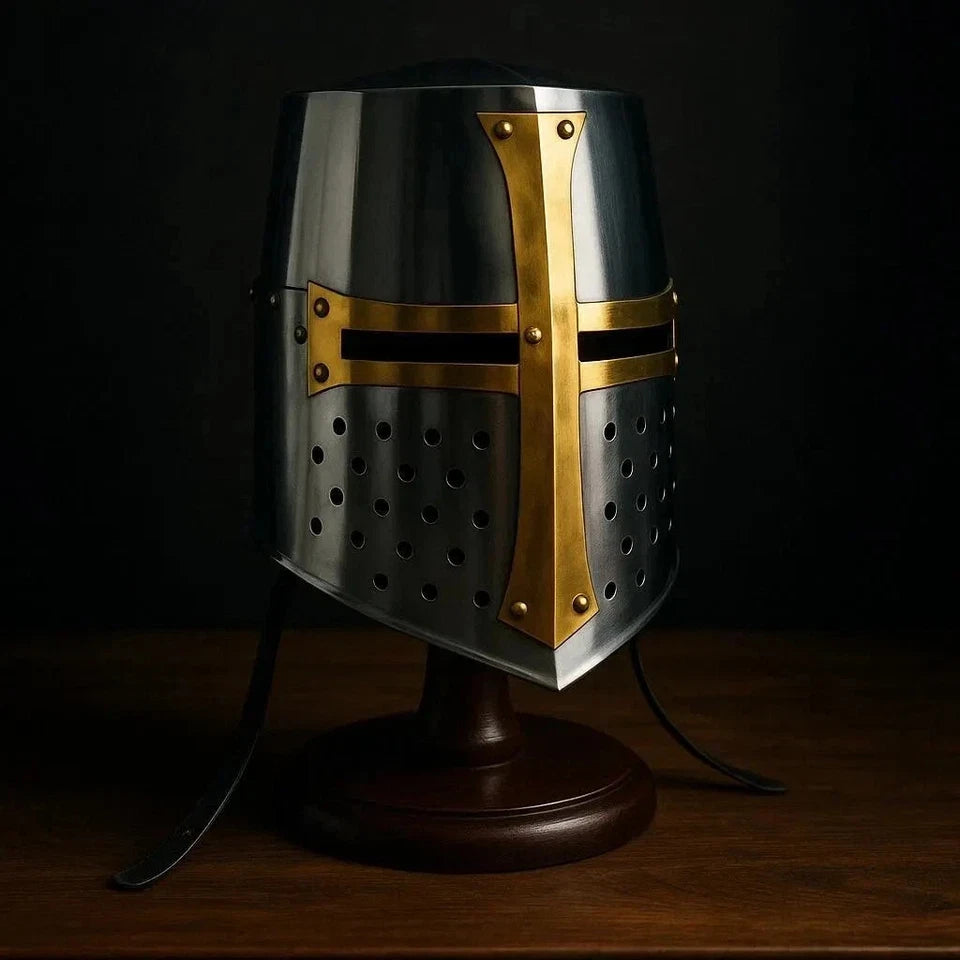 Medieval Crusader Great Helmet with Brass Cross – Handmade Steel Templar Knight Helmet for LARP, Cosplay, and Halloween Display