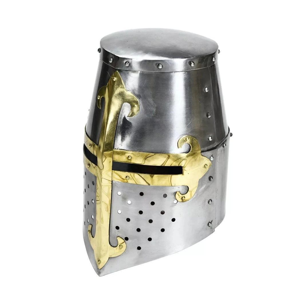 Medieval Crusader Great Helm with Brass Cross Design – Handmade Steel Knight Helmet for LARP, Cosplay, and Display