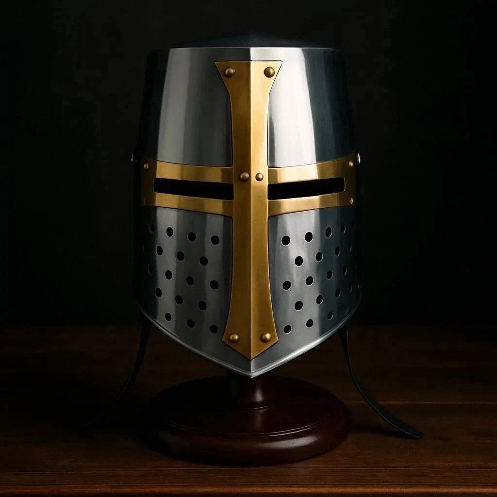 Medieval Crusader Great Helmet with Brass Cross – Handmade Steel Templar Knight Helmet for LARP, Cosplay, and Halloween Display