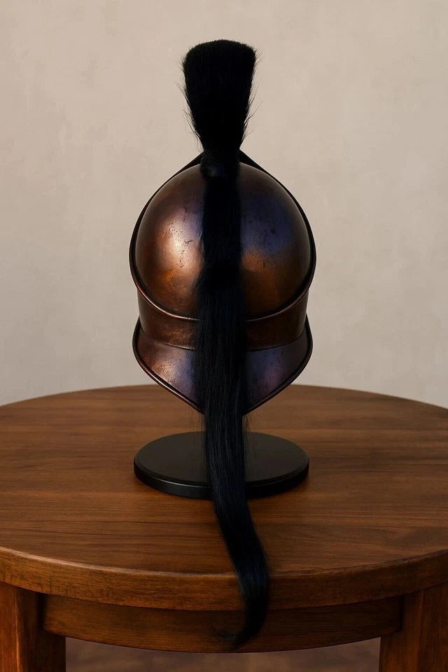 Bronze Greek Spartan Helmet Replica – Medieval Corinthian Armor with black plume on wooden stand – Ancient Warrior collectible display.