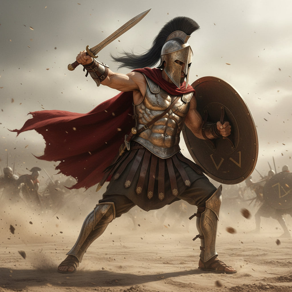 Bronze Greek Spartan Helmet Replica – Medieval Corinthian Armor with black plume on wooden stand – Ancient Warrior collectible display.