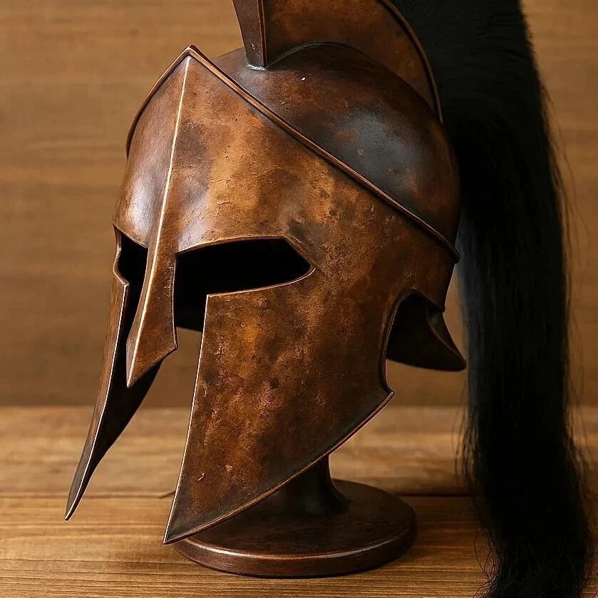 Bronze Greek Spartan Helmet Replica – Medieval Corinthian Armor with black plume on wooden stand – Ancient Warrior collectible display.