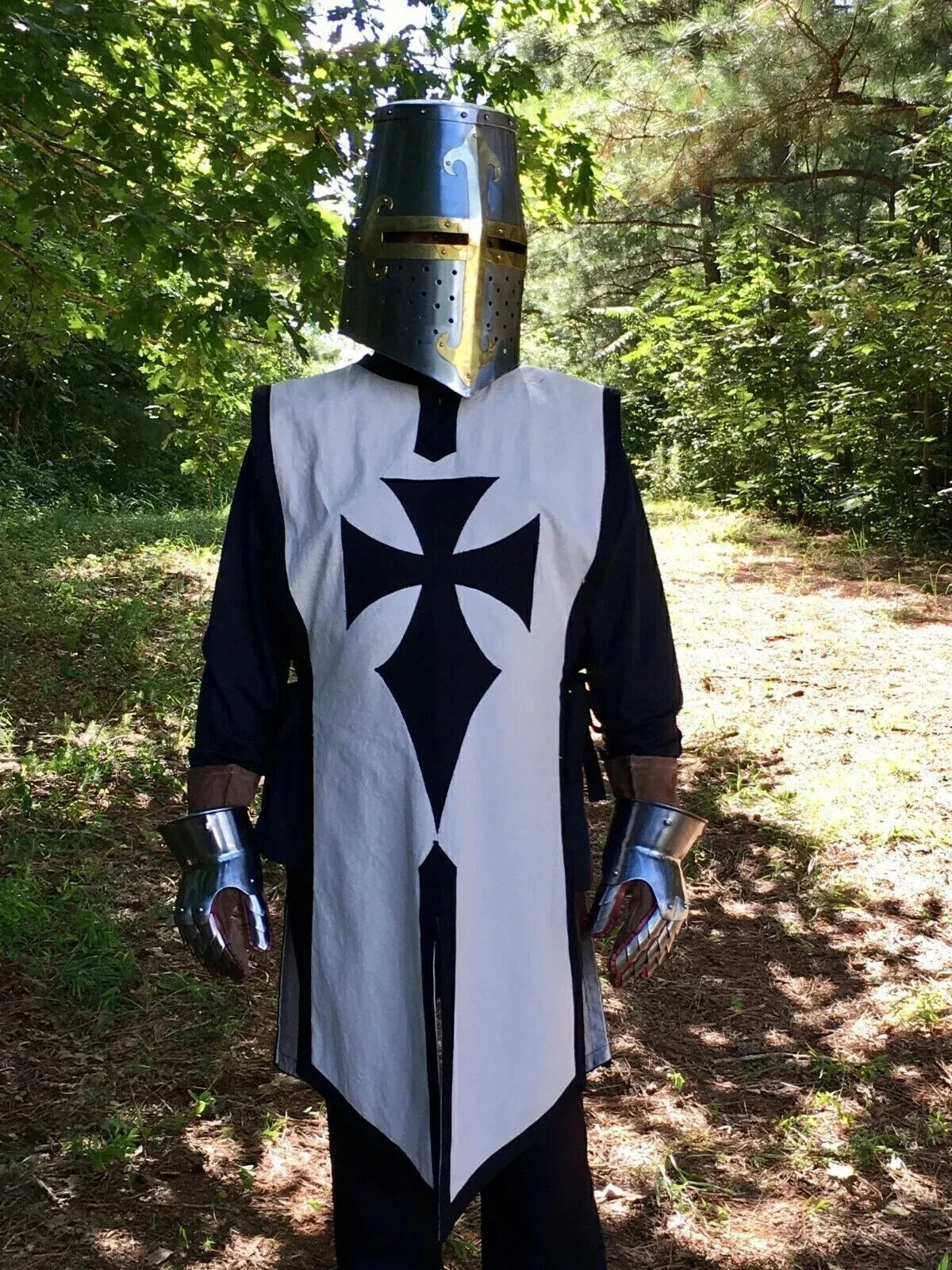 Medieval Crusader Great Helm with Brass Cross Design – Handmade Steel Knight Helmet for LARP, Cosplay, and Display