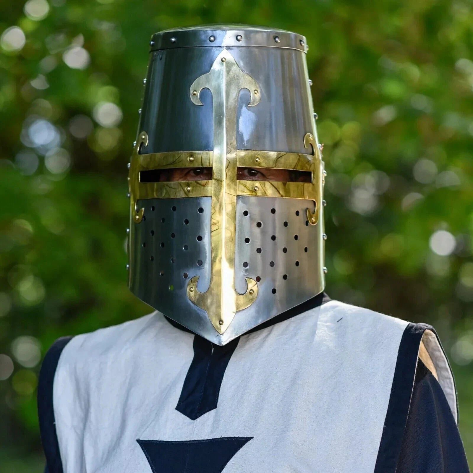 Medieval Crusader Great Helm with Brass Cross Design – Handmade Steel Knight Helmet for LARP, Cosplay, and Display