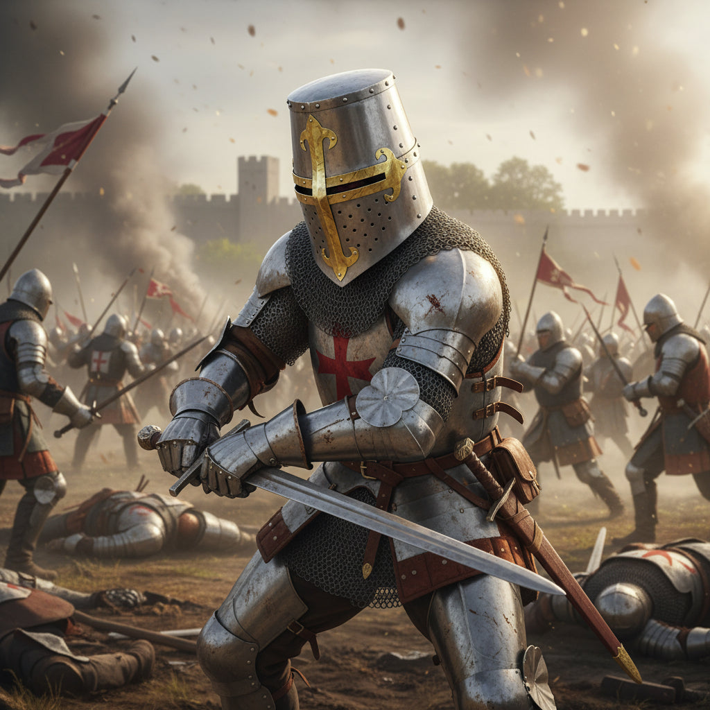 Medieval Crusader Great Helm with Brass Cross Design – Handmade Steel Knight Helmet for LARP, Cosplay, and Display