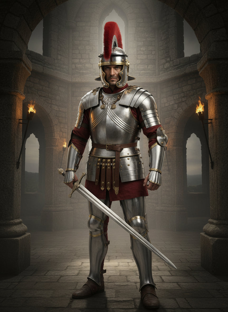 Roman Centurion Helmet with Red Plume – Handmade Steel and Brass Warrior Armor Replica for Cosplay and Display