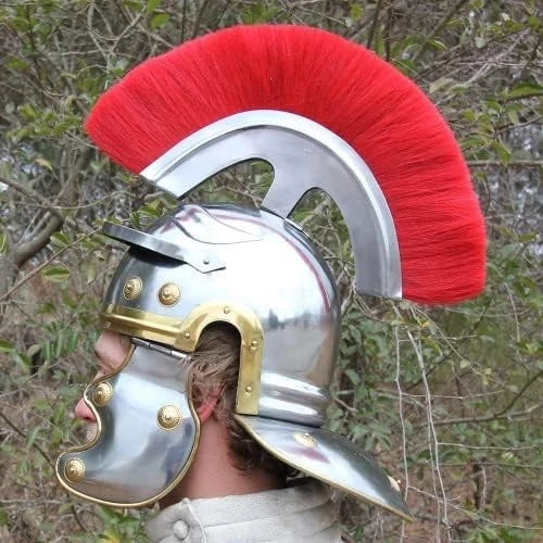 Roman Centurion Helmet with Red Plume – Handmade Steel and Brass Warrior Armor Replica for Cosplay and Display