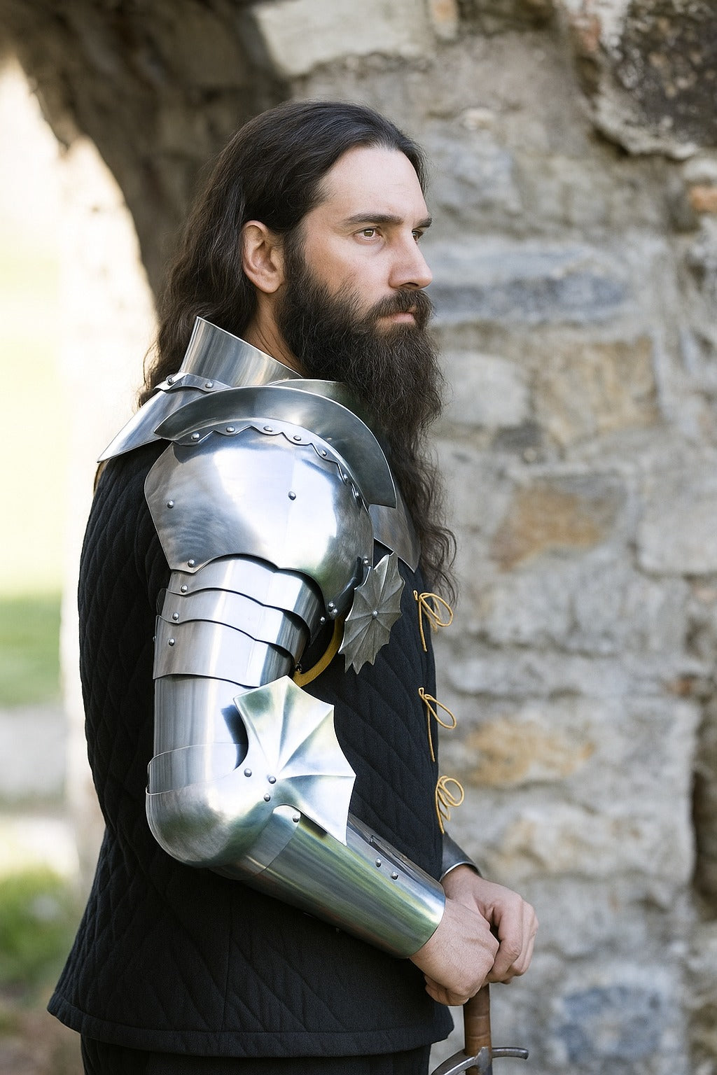 Medieval knight wearing handcrafted polished steel armor suit with detailed shoulder and arm guards